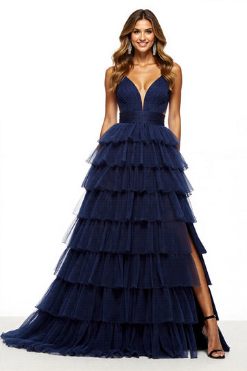 Ball Gown Navy Ruffled Long Tulle Formal Dress with Slit